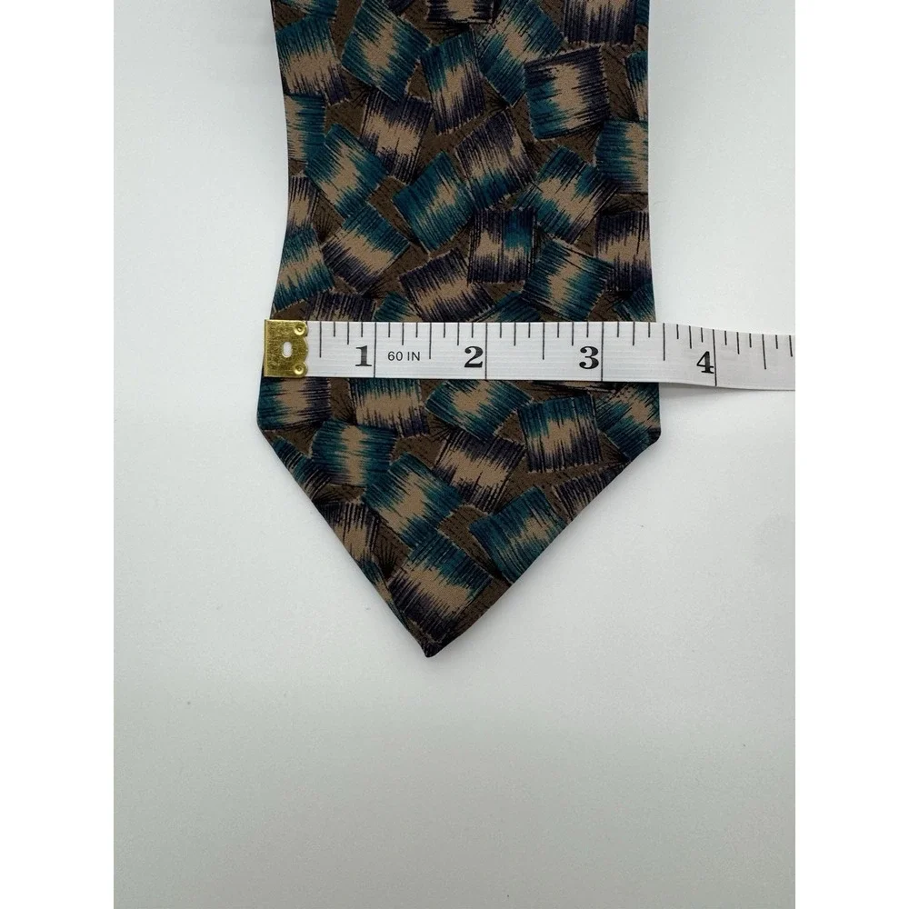 Secours 100% Silk Tie Abstract Geometric Brown Teal Tan Pattern‎ Classic Necktie